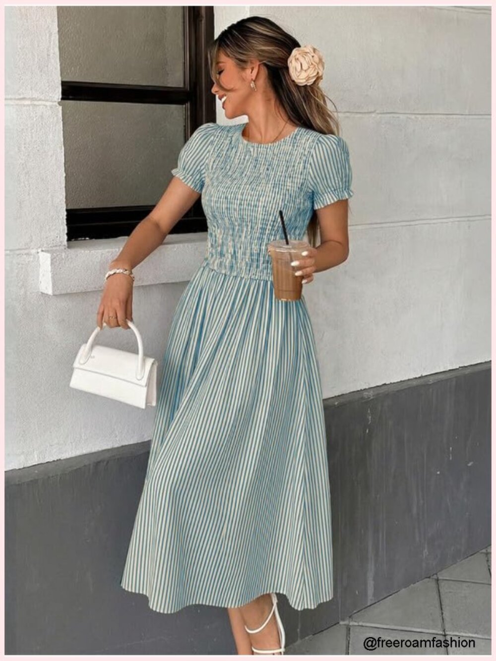Striped Smocked Midi Dress with Puff Sleeves A-Line Flowy - Picture 5 of 6
